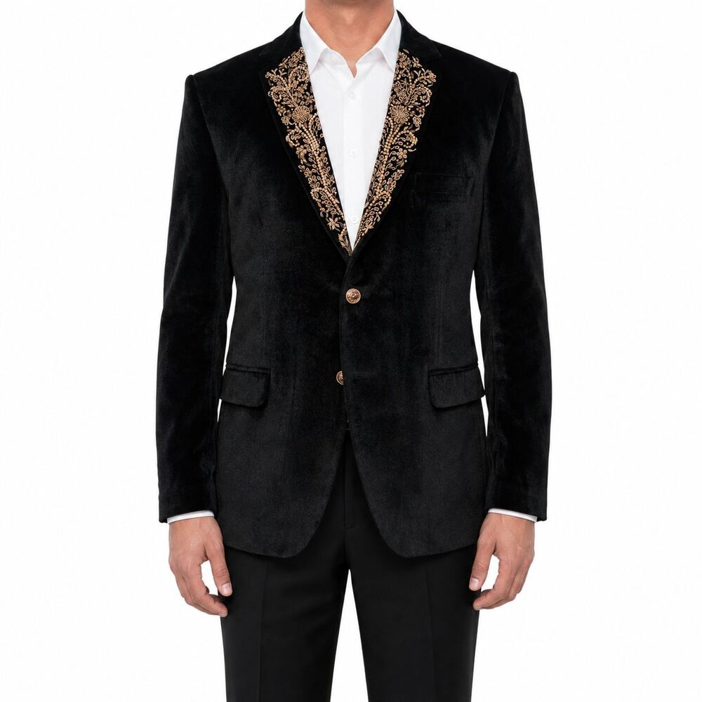 Mens 44R Black Velvet Blazer Gold Floral Embroidered Lapel Formal Tuxedo Jacket